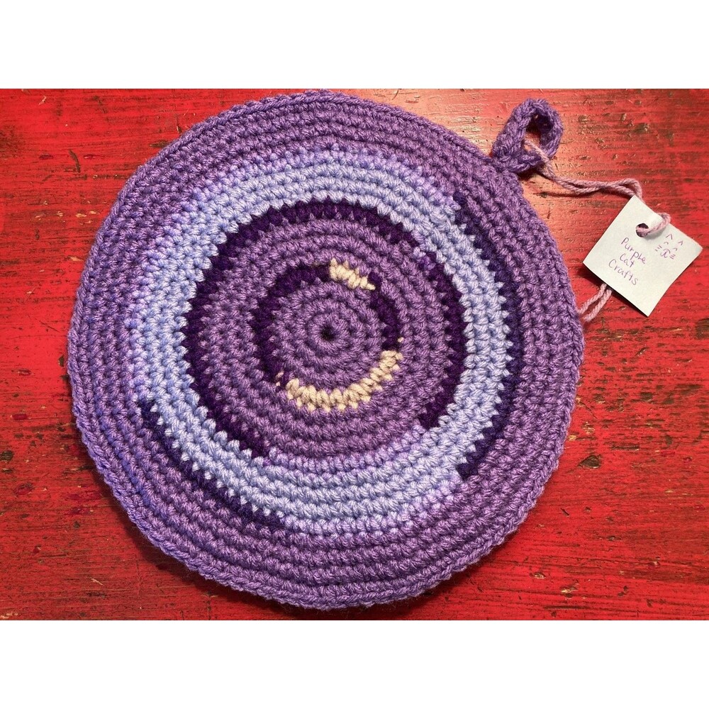 PURPLE CAT CRAFTS Handmade Crocheted Trivet Potholder Hot Pad Purple Round